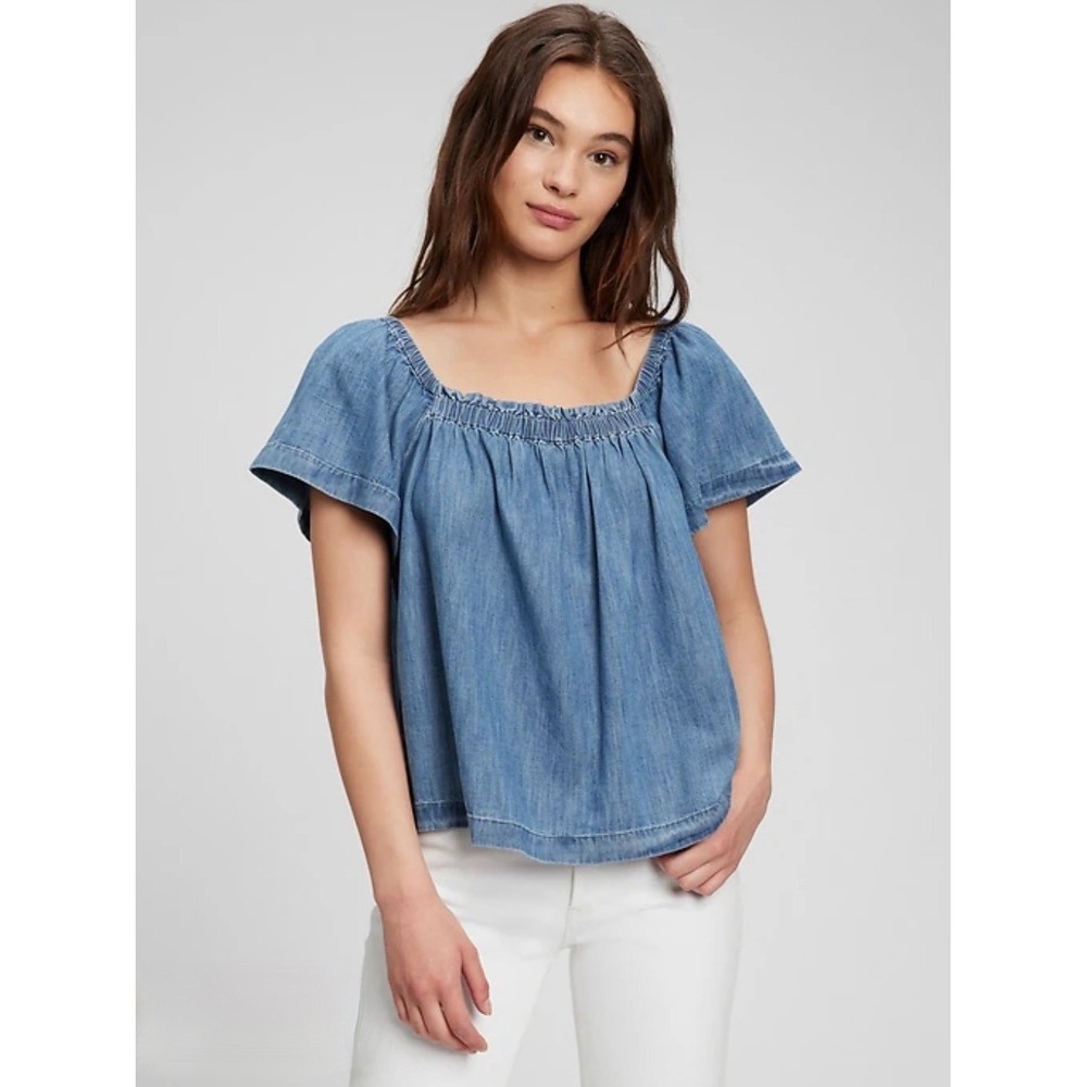 GAP Womens XS Organic Cotton Denim Flutter Sleeve Top with Washwell NWOT $79